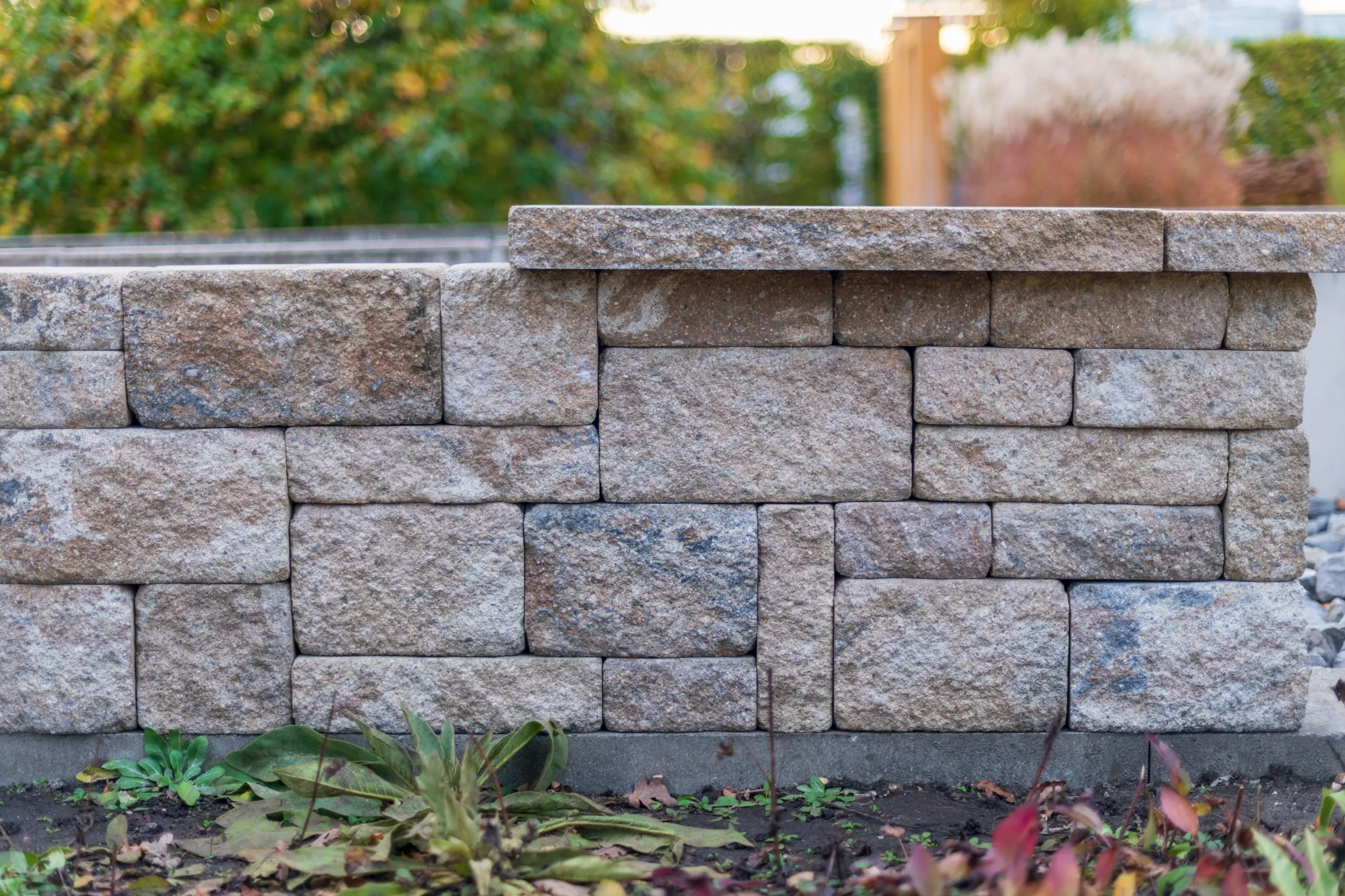 Close-up of a newly built stone wall